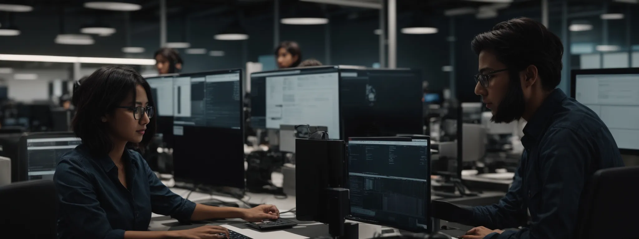 a team of professionals collaboratively working on computers in a modern office, analyzing data for seo strategy development.