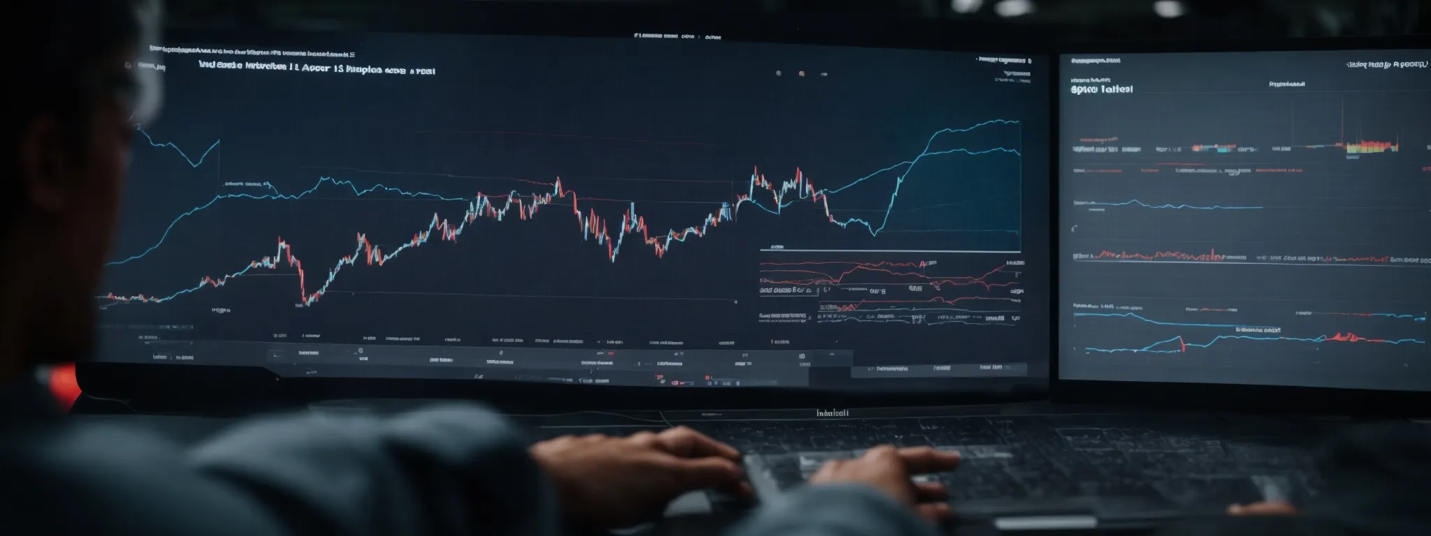 a person pointing at a digital screen displaying graphs and charts related to website traffic and advertisement performance.