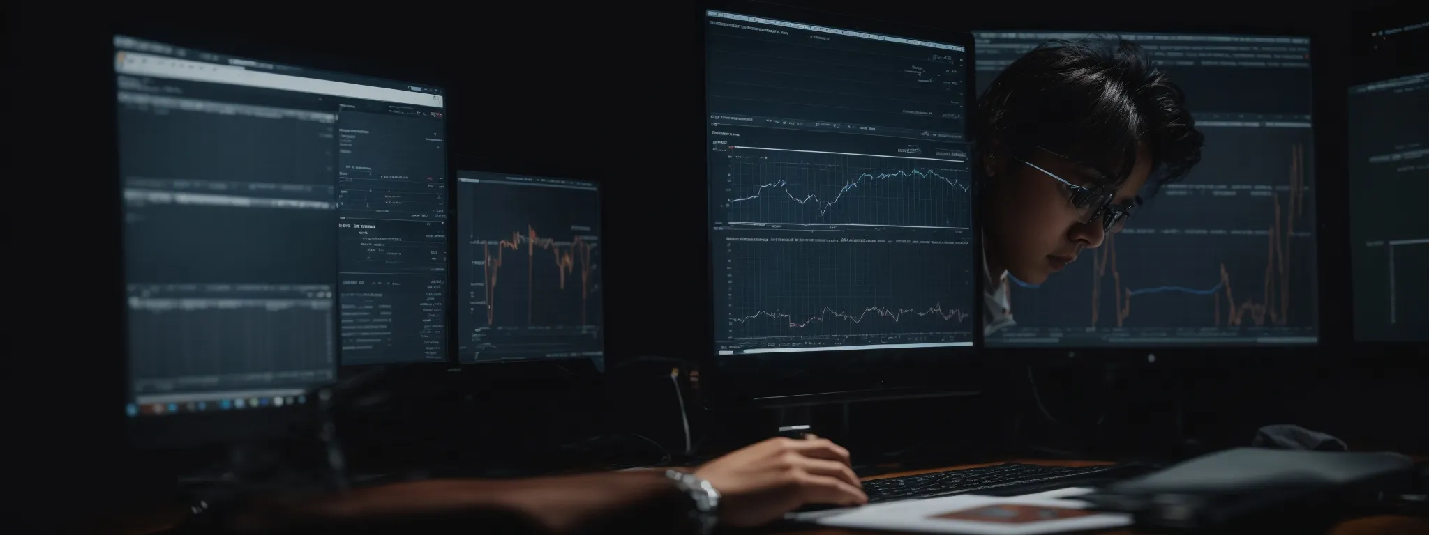 a focused individual scrutinizing graphs on a computer screen, symbolizing website performance analysis.