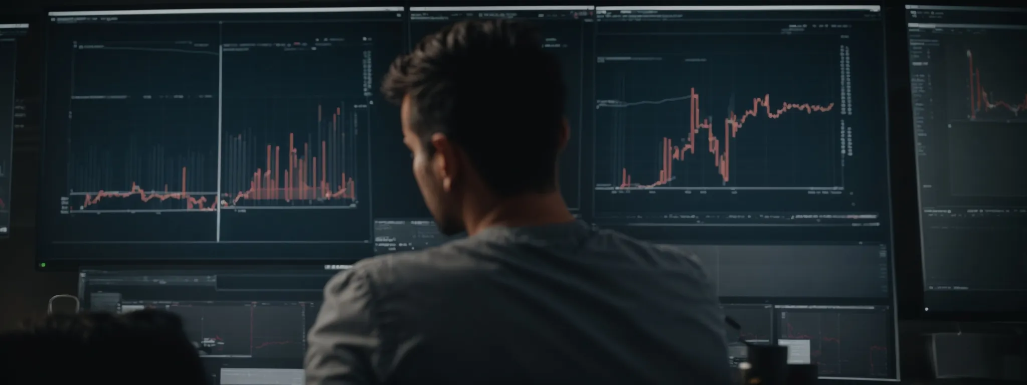 a focused individual scrutinizes lines on a monitor displaying analytics graphs, reflecting diligent evaluation of seo performance.
