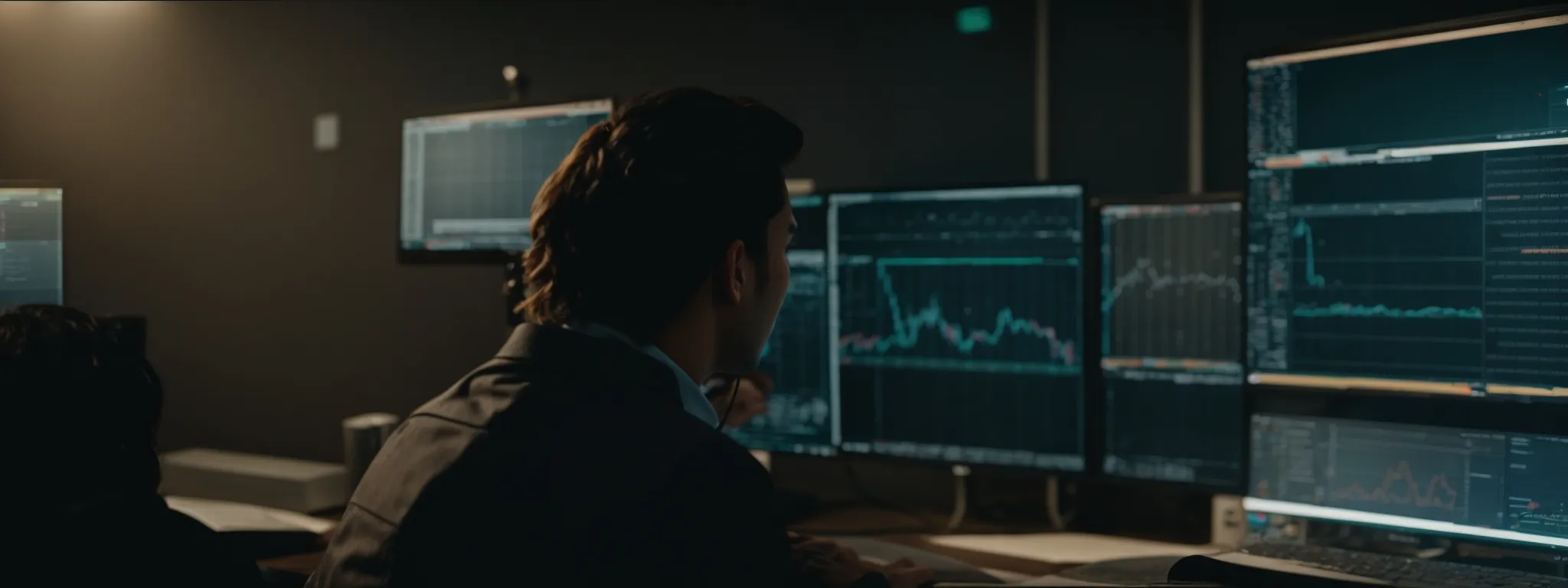 a marketer thoughtfully analyzes data on a computer screen, planning a digital advertising campaign.