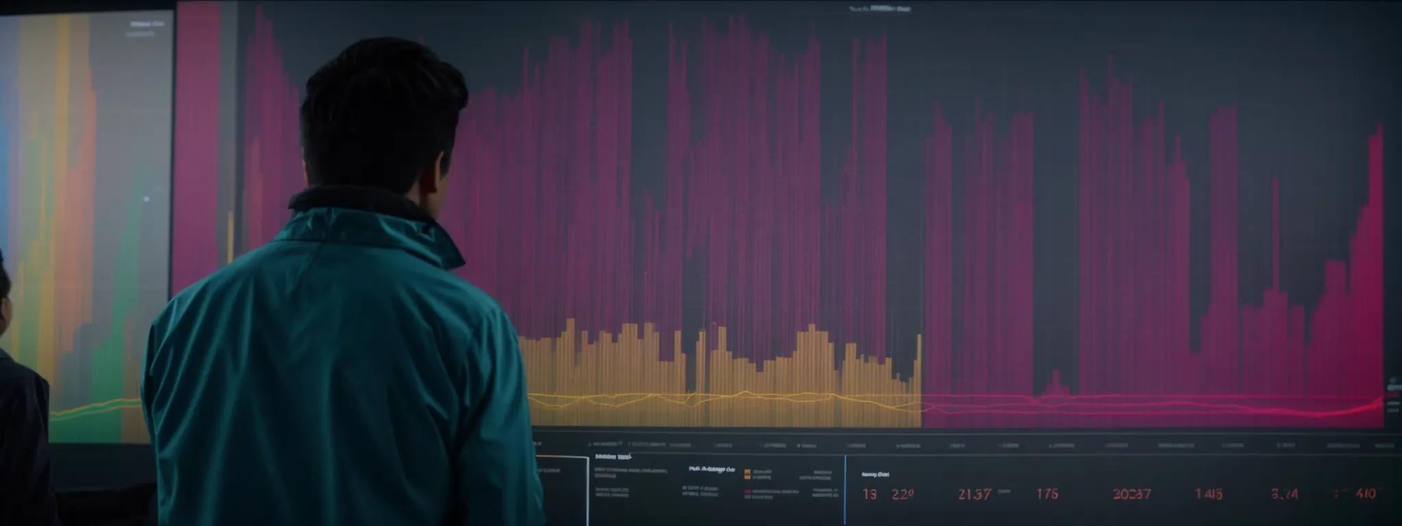 a person standing before a large screen displaying colorful, interactive data charts and graphs.