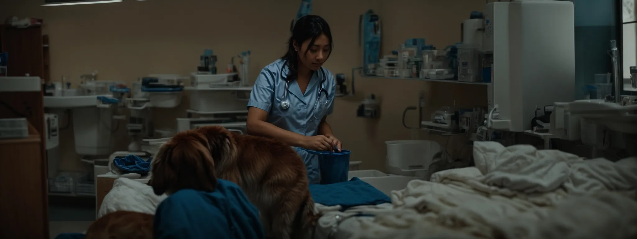 a veterinarian attending to a variety of healthy pets in a clinic.