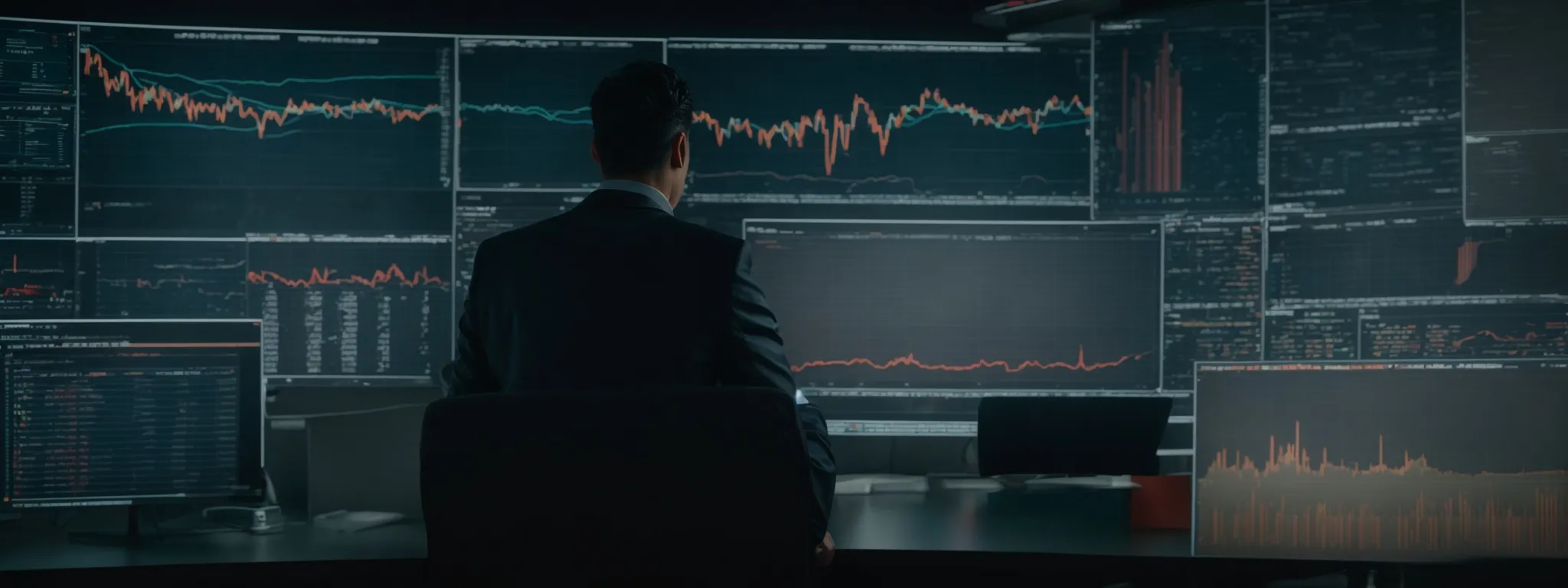 a person analyzing data on a large screen showing search engine rankings and website analytics.