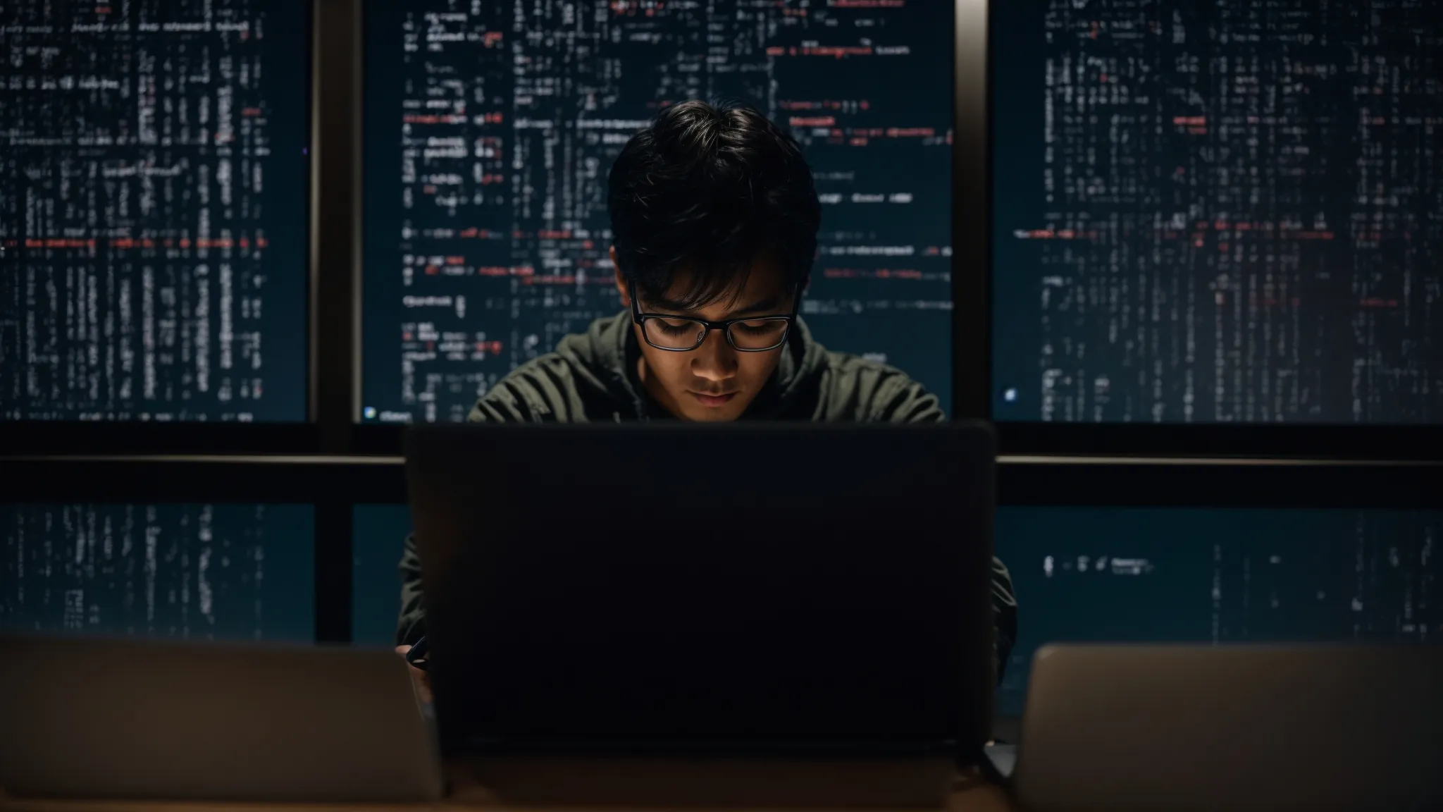 a programmer types on a laptop in a dimly lit room, browsing through lines of code on the screen that optimize website search rankings.