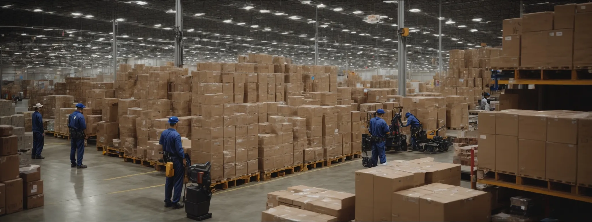a bustling warehouse with rows of large, stacked boxes and busy workers managing inventory.