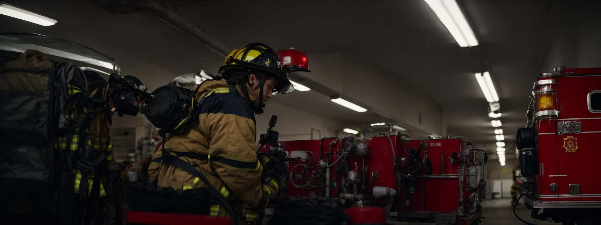 a firefighter inspecting firefighting equipment within a fire station.