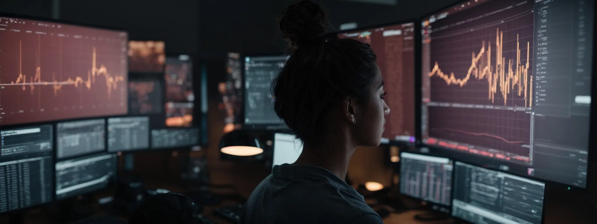 a student faces a large, glowing computer screen displaying graphs and analytics while engaging in an online seo course.