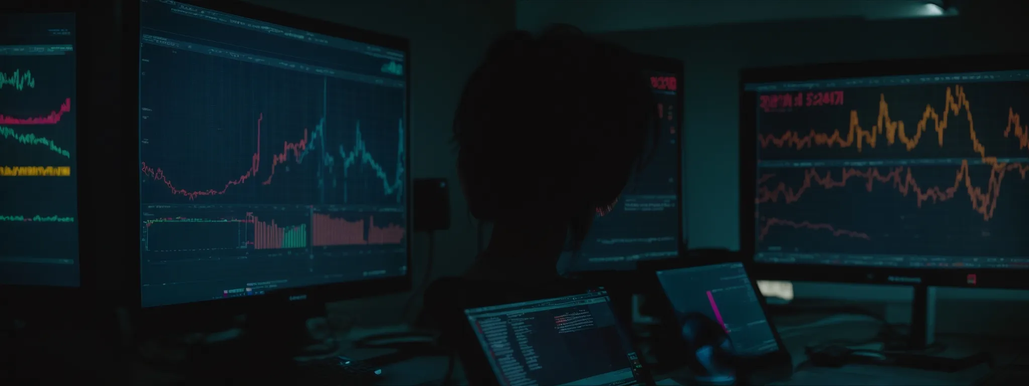 a person thoughtfully gazes at a large computer screen displaying colorful graphs and analytics.