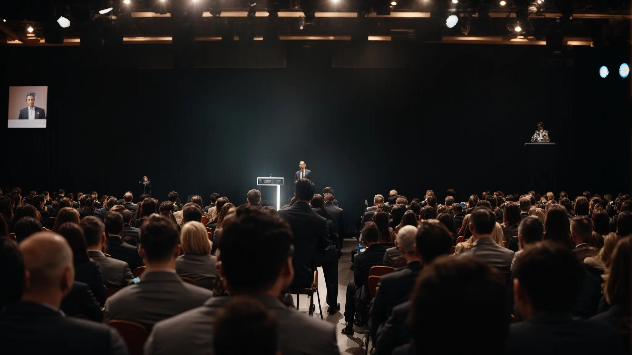 a speaker on stage addresses an attentive crowd at a digital marketing conference.