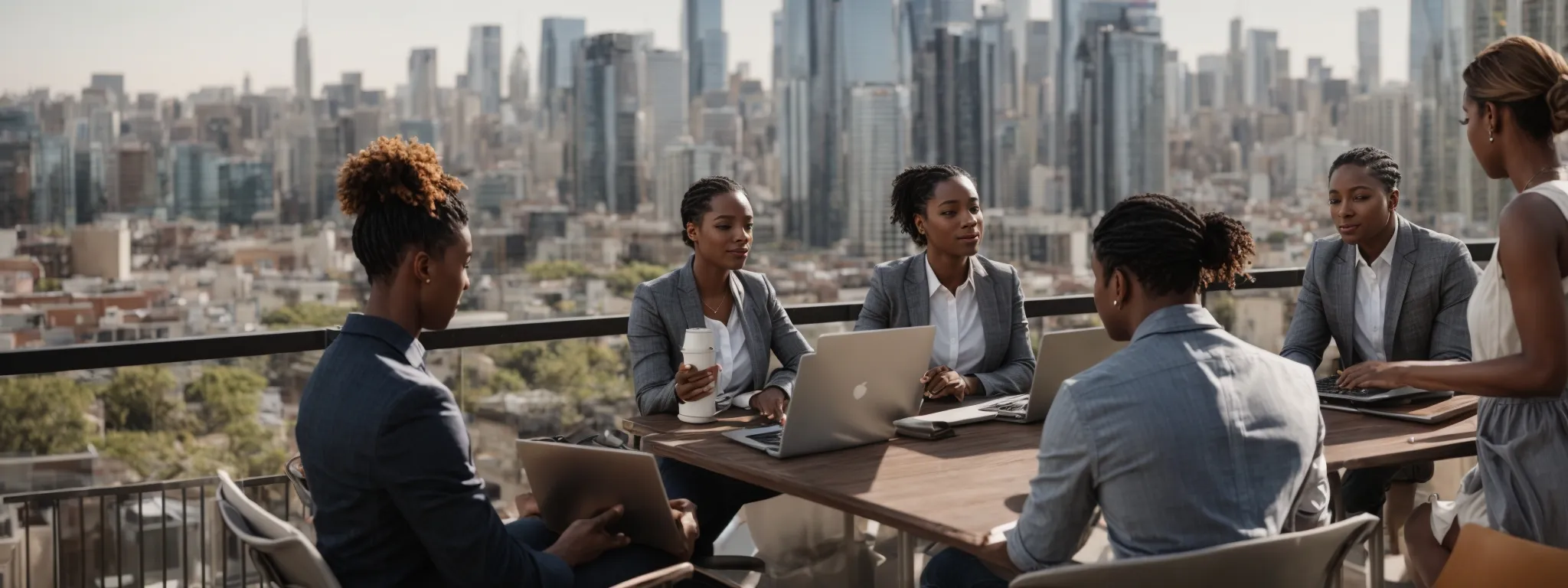a diverse group of professionals engaged in a virtual meeting with laptops and digital devices on a sunny balcony overlooking a cityscape.