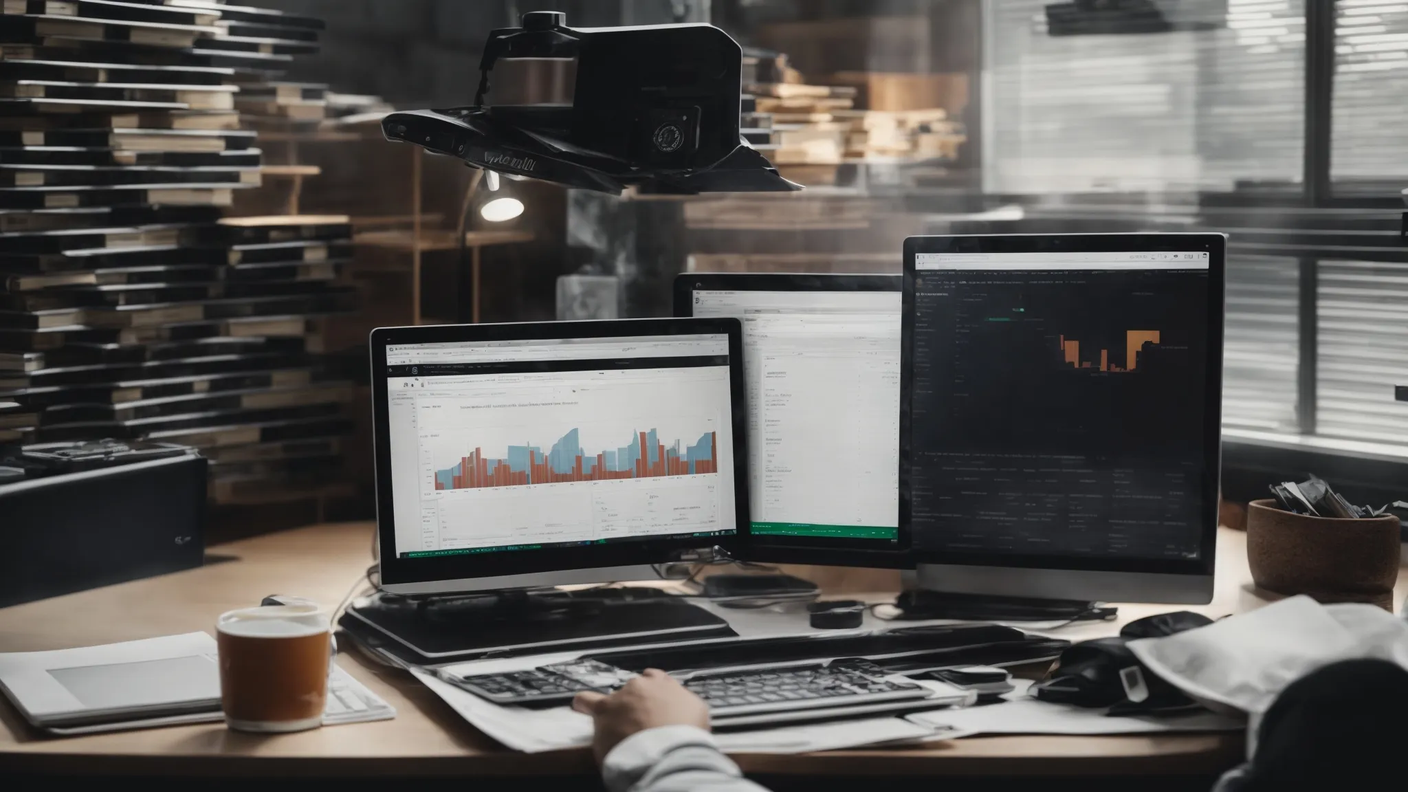 a professional at a clutter-free workstation clicks on an excel macro button, seamlessly automating an seo analytics report.