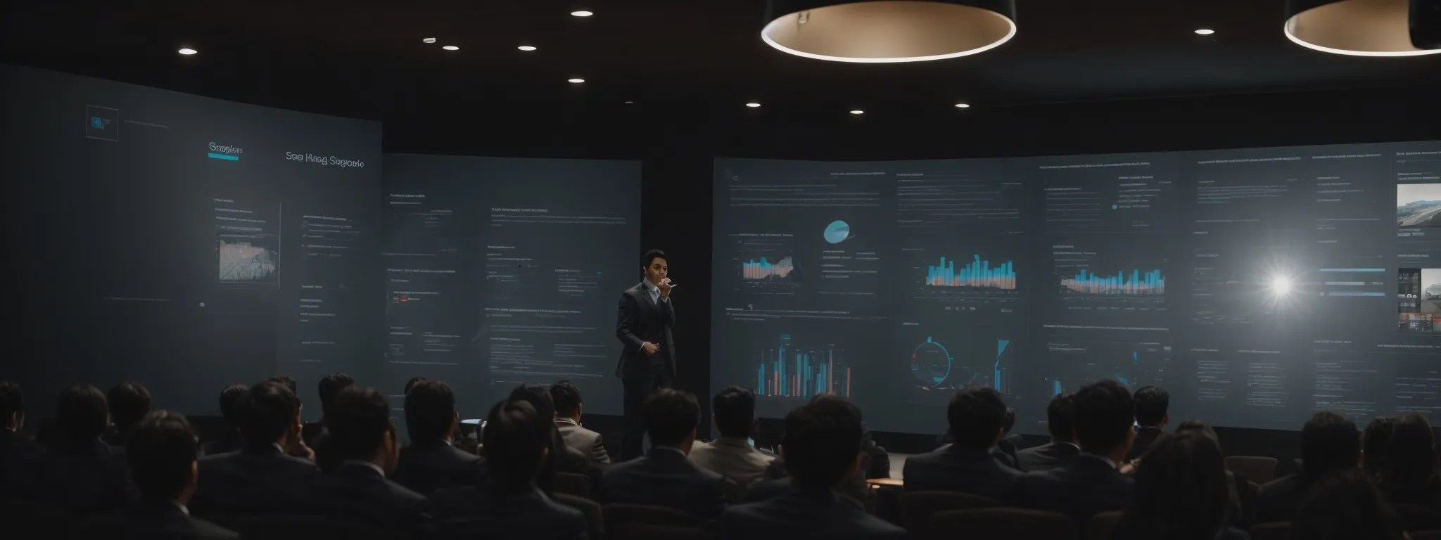 a person giving a presentation about seo strategies with multimedia elements like images and videos on a screen behind them.