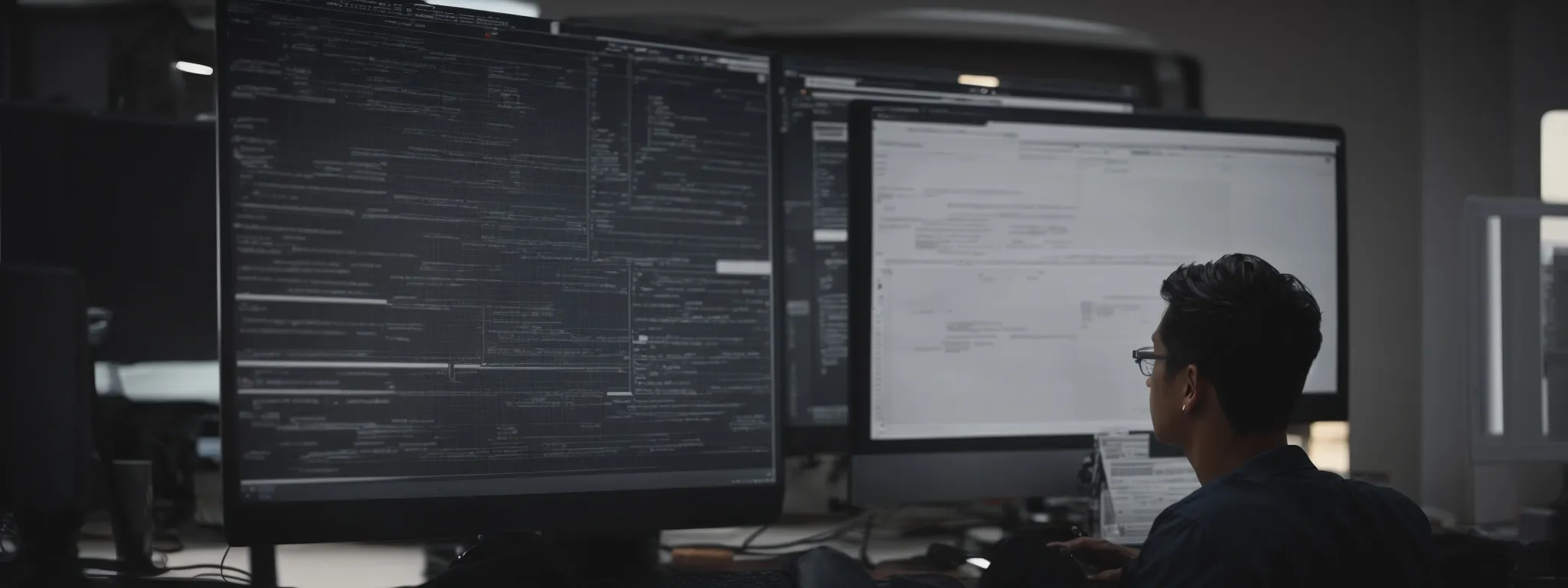 a web designer intently organizes a wireframe layout on a computer screen, simplifying the website's navigation structure.