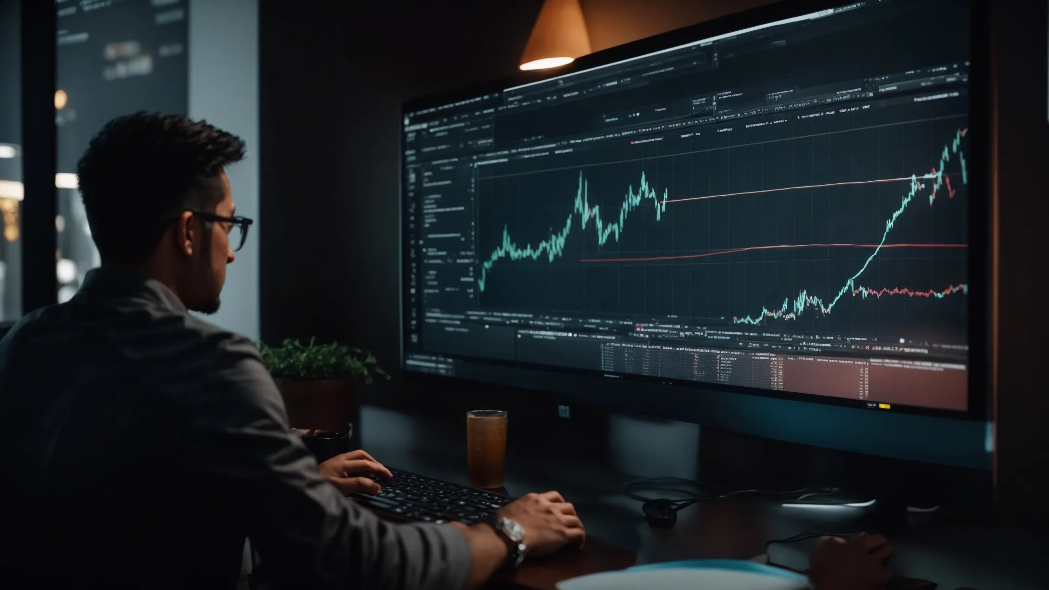 a web developer analyzes a computer screen displaying rising seo metrics and organic traffic charts after successful recovery efforts.