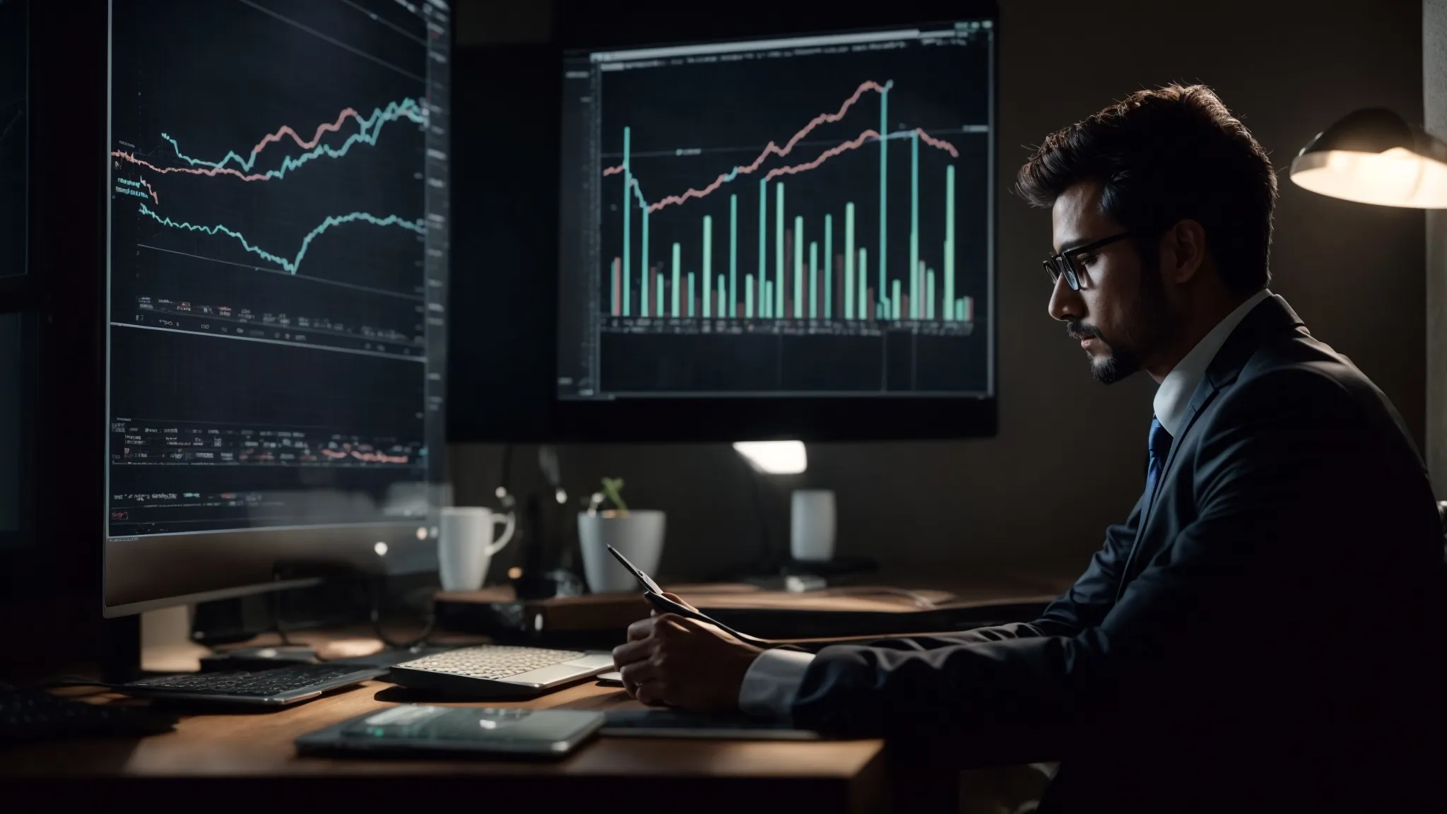 a frustrated marketer stares at a computer screen where a graph shows a flat line despite multiple tabs open for link building strategies.