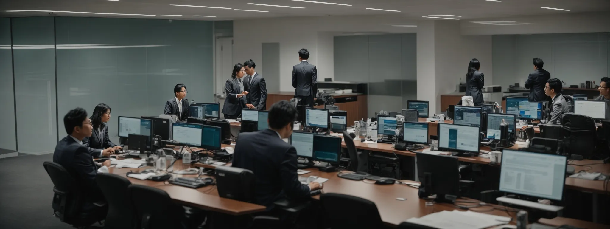 a conference room with multilingual professionals working on translating technical documents on their computers.