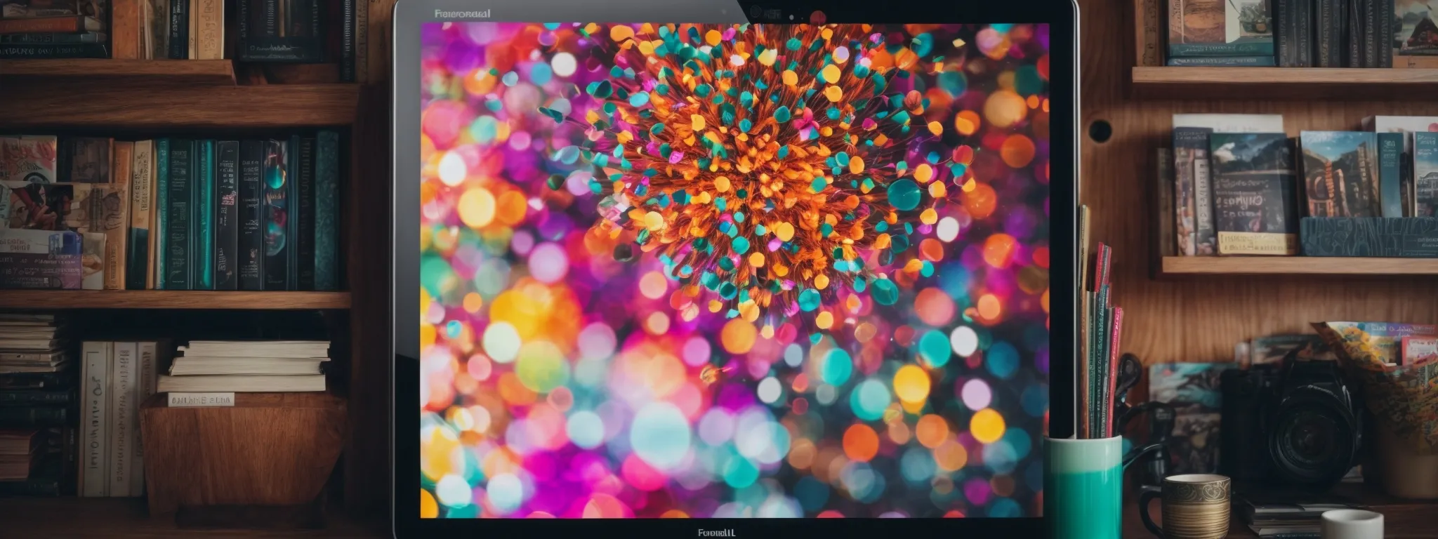 A computer monitor displays a vibrant, abstract image with multicolored bokeh lights and a central cluster of orange and blue shapes. Books and shelves are visible in the background.