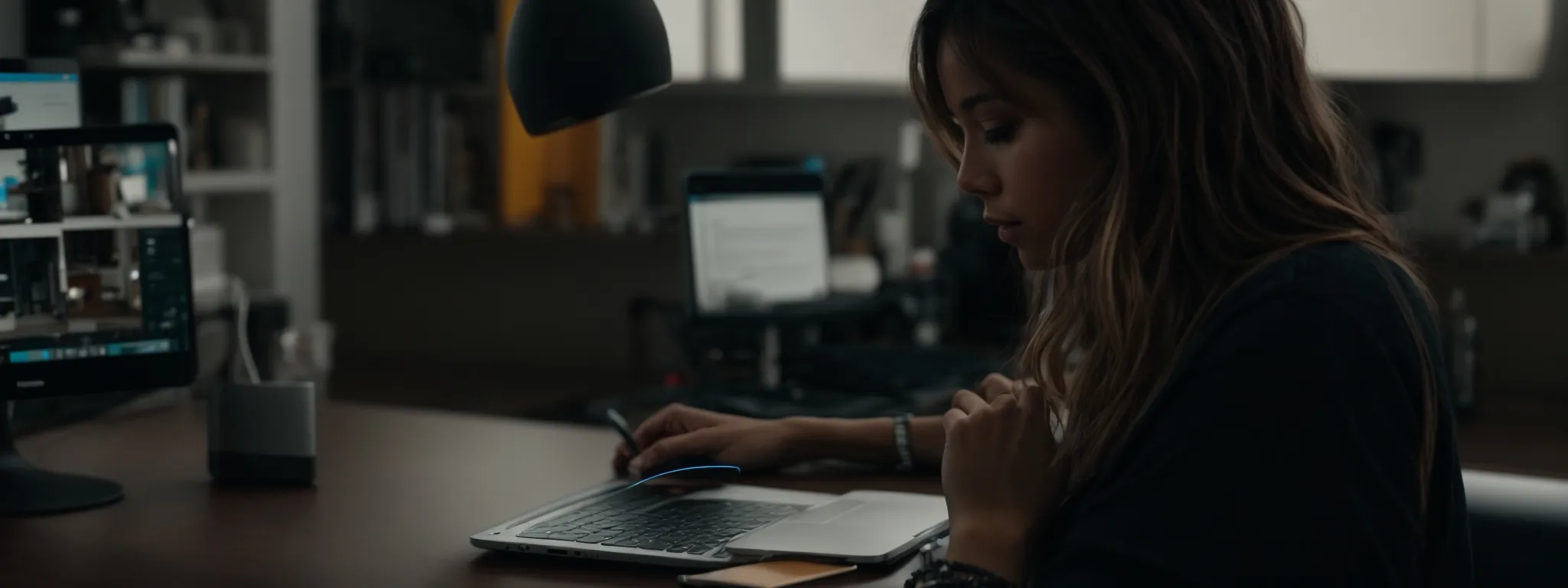 a person speaks into their smartphone using a voice assistant while working on their laptop, with a smart speaker on the desk.