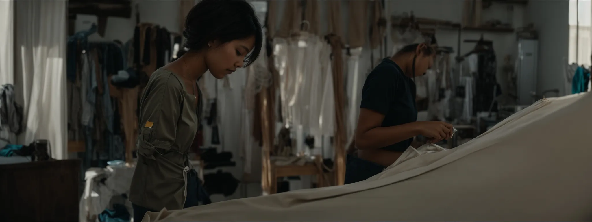 a tailor measuring fabric on a mannequin in a sunlit workshop.