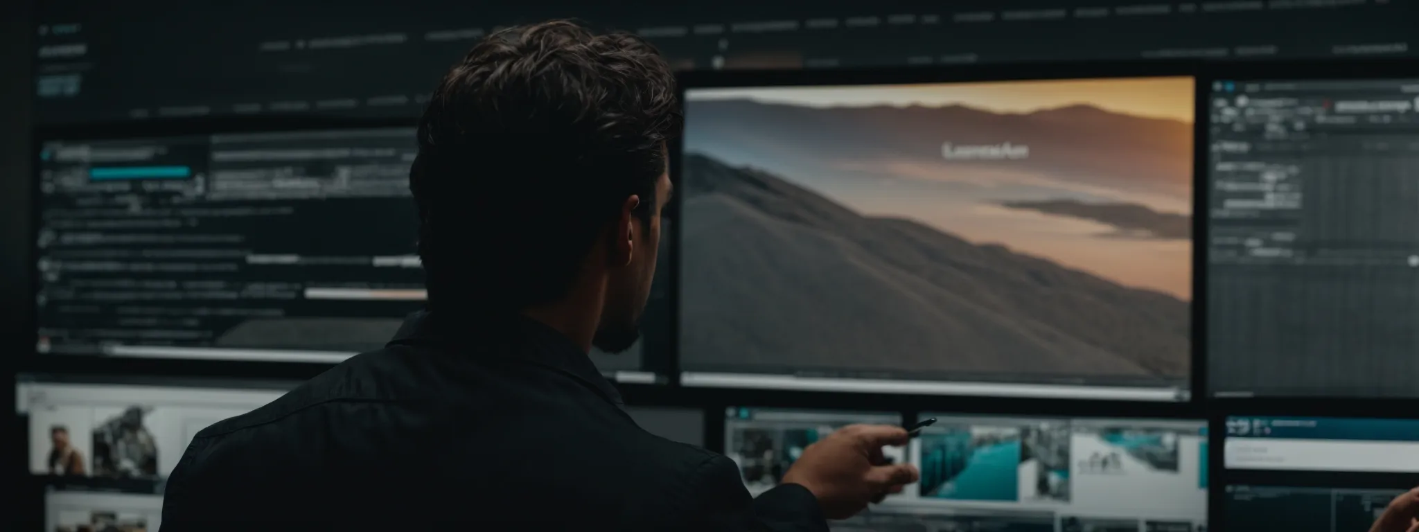 a web designer reviews analytics on a large screen while adjusting a website layout on another.