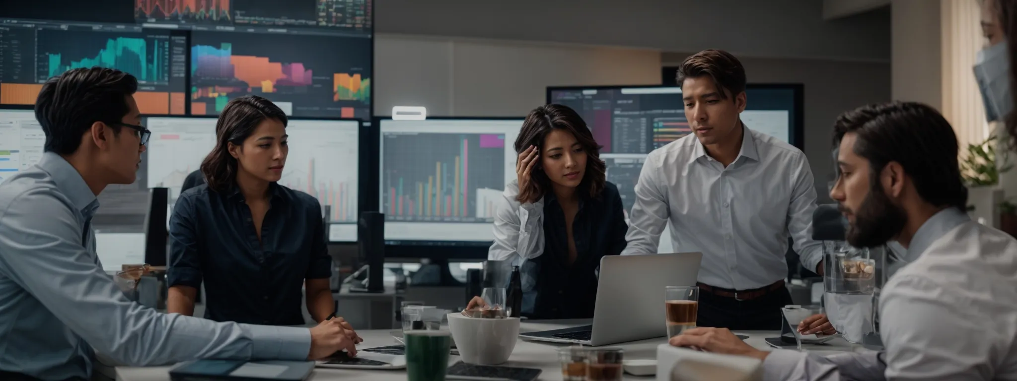 a group of marketers collaborating around a digital screen displaying colorful graphs and analytics.