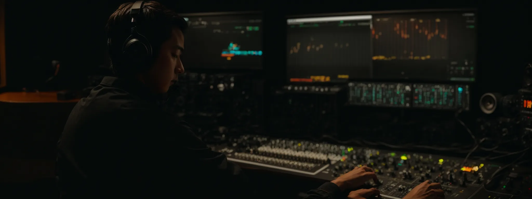 a person wearing headphones adjusts an audio mixer in a podcast studio setup, symbolizing content creation.