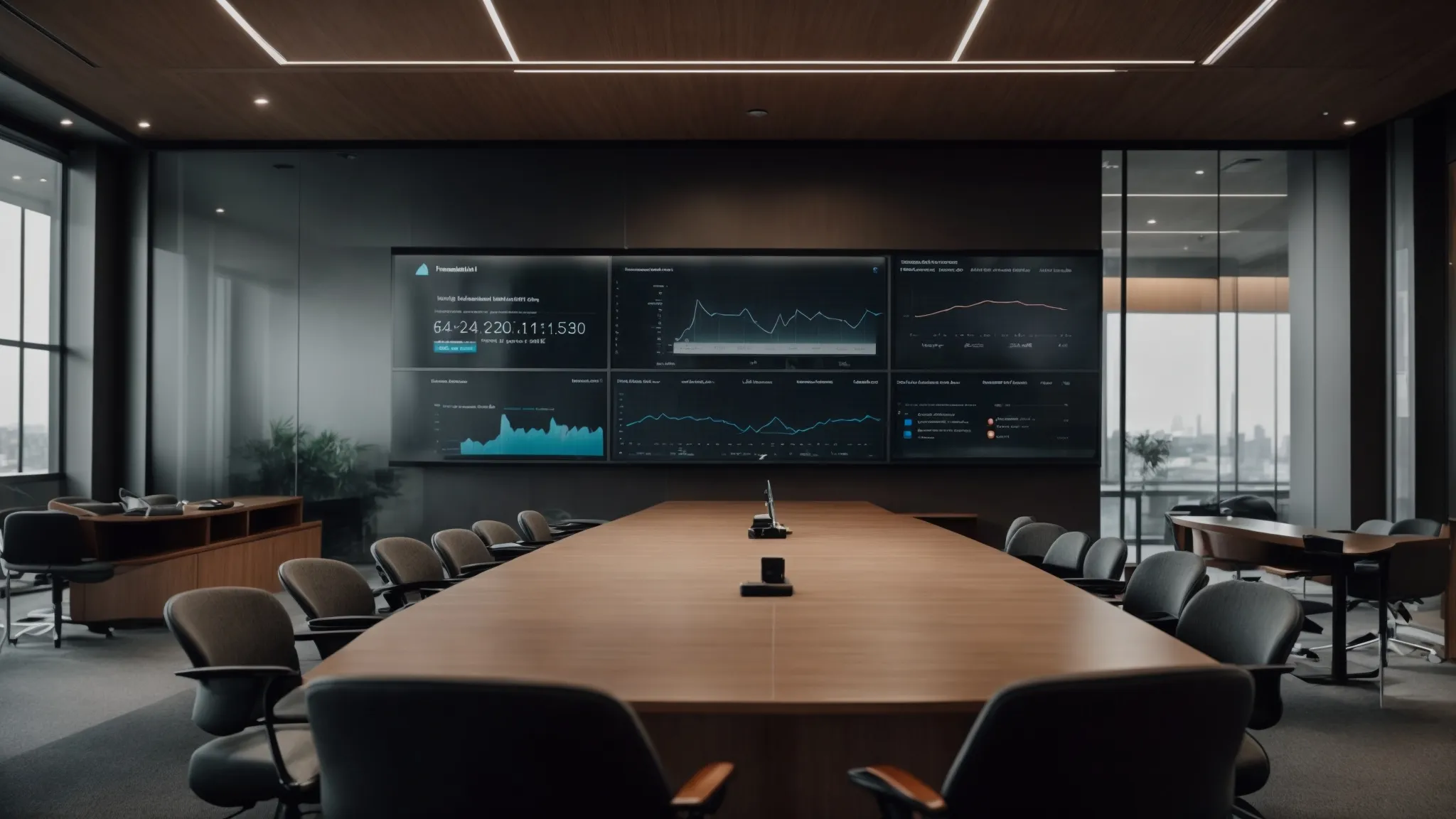 a conference room with a presentation screen showing website traffic analytics.