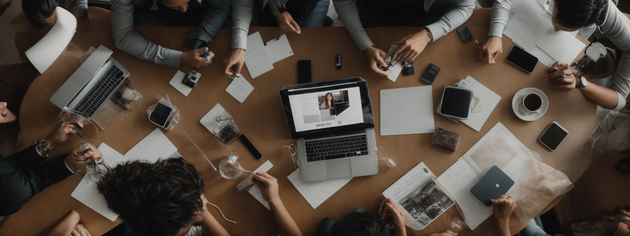 a diverse group of people engaging in a roundtable discussion with various digital devices on the table, symbolizing a collaborative analysis of trends.