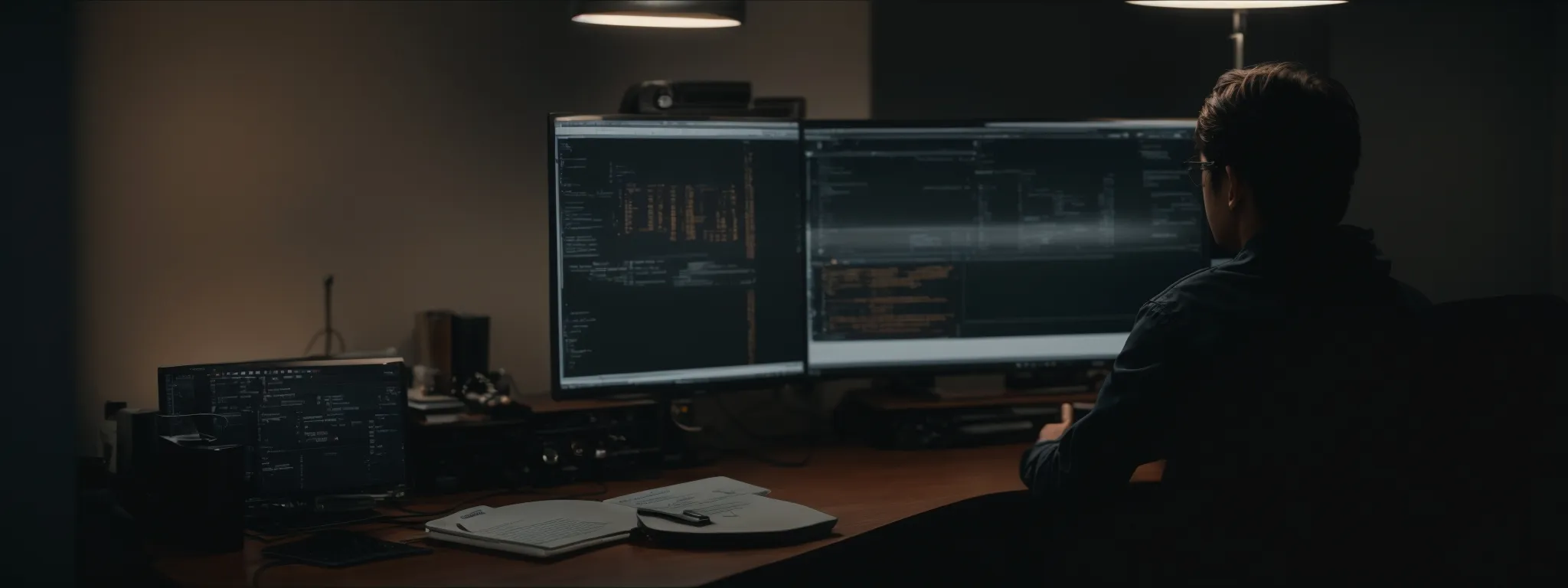 a person sitting before a computer screen displaying a web development interface.