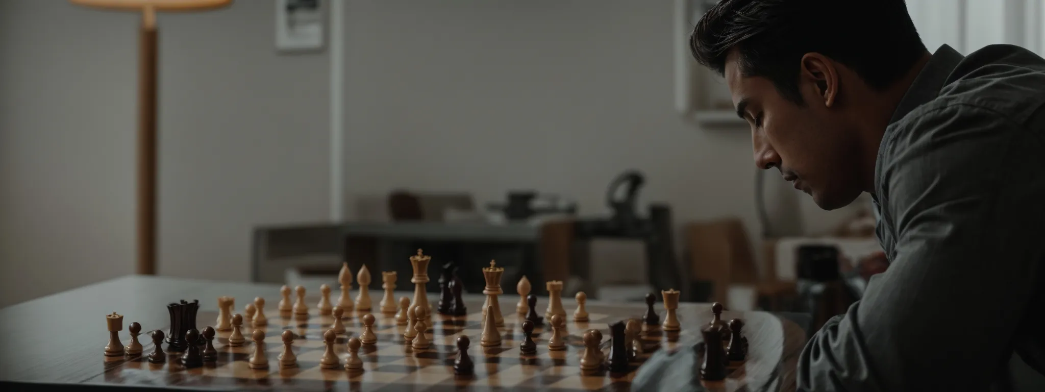 A man sits at a table, intently observing a chessboard in the middle of a game, with a lamp and furniture visible in the background.