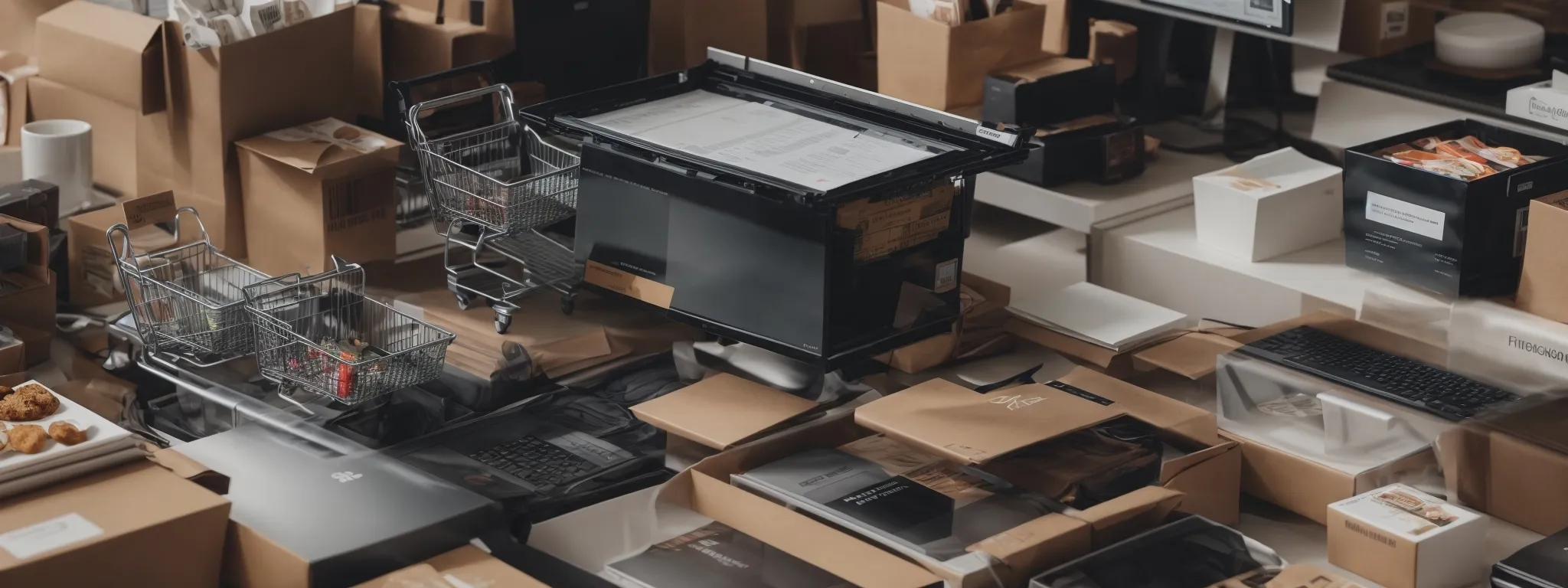 a high-angle view of a bustling ecommerce website on a laptop screen, with visible shopping cart and product recommendations.