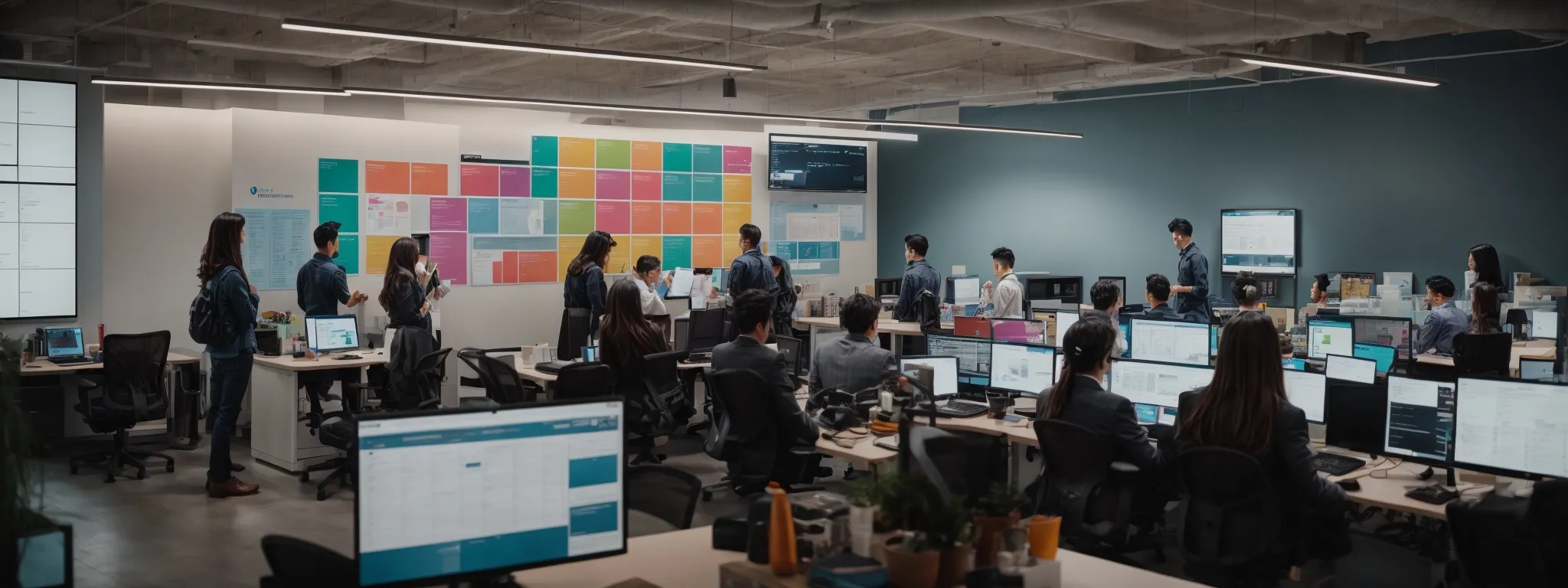a bustling digital marketing office with team members brainstorming around a central screen displaying a colorful content strategy chart.