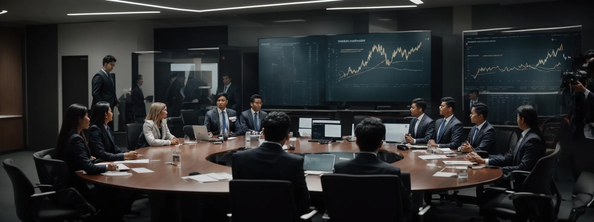 a corporate team strategizes around a conference table with digital analytics displayed on a screen, exemplifying a targeted marketing planning session.