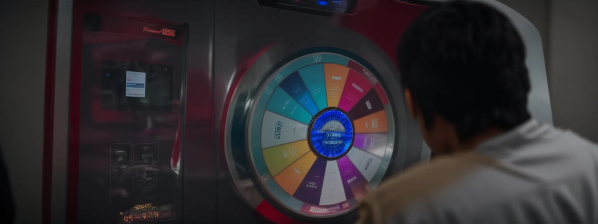 a person interacting with a touchscreen kiosk showcasing a spinning prize wheel.