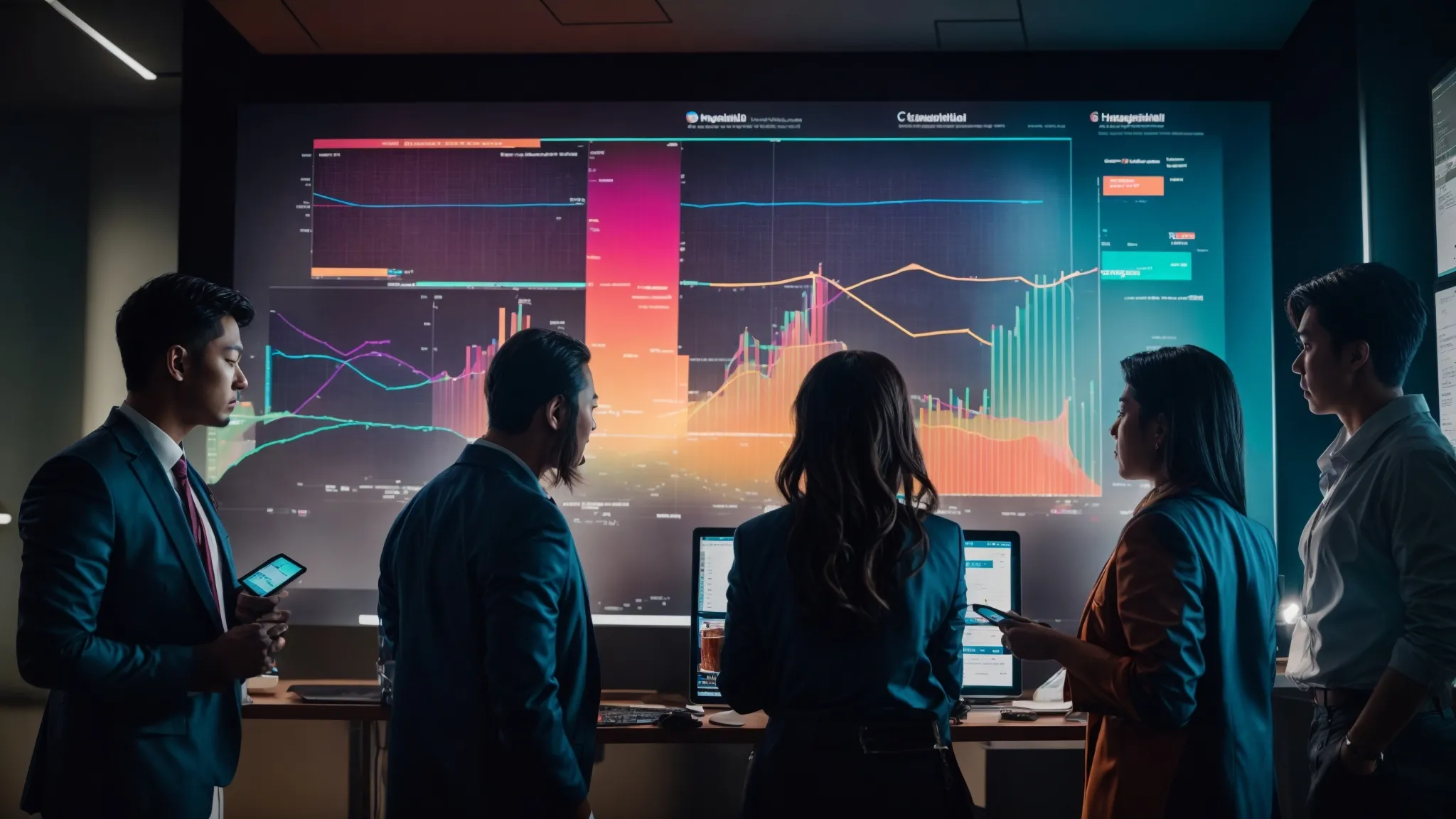 a dynamic team brainstorming around a large digital screen displaying colorful graphs and marketing trends.