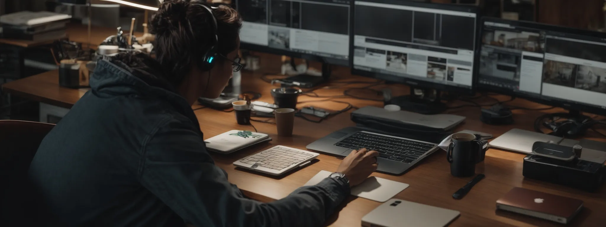 a person sits at a desk with multiple digital devices, intently absorbing knowledge from an online marketing course.