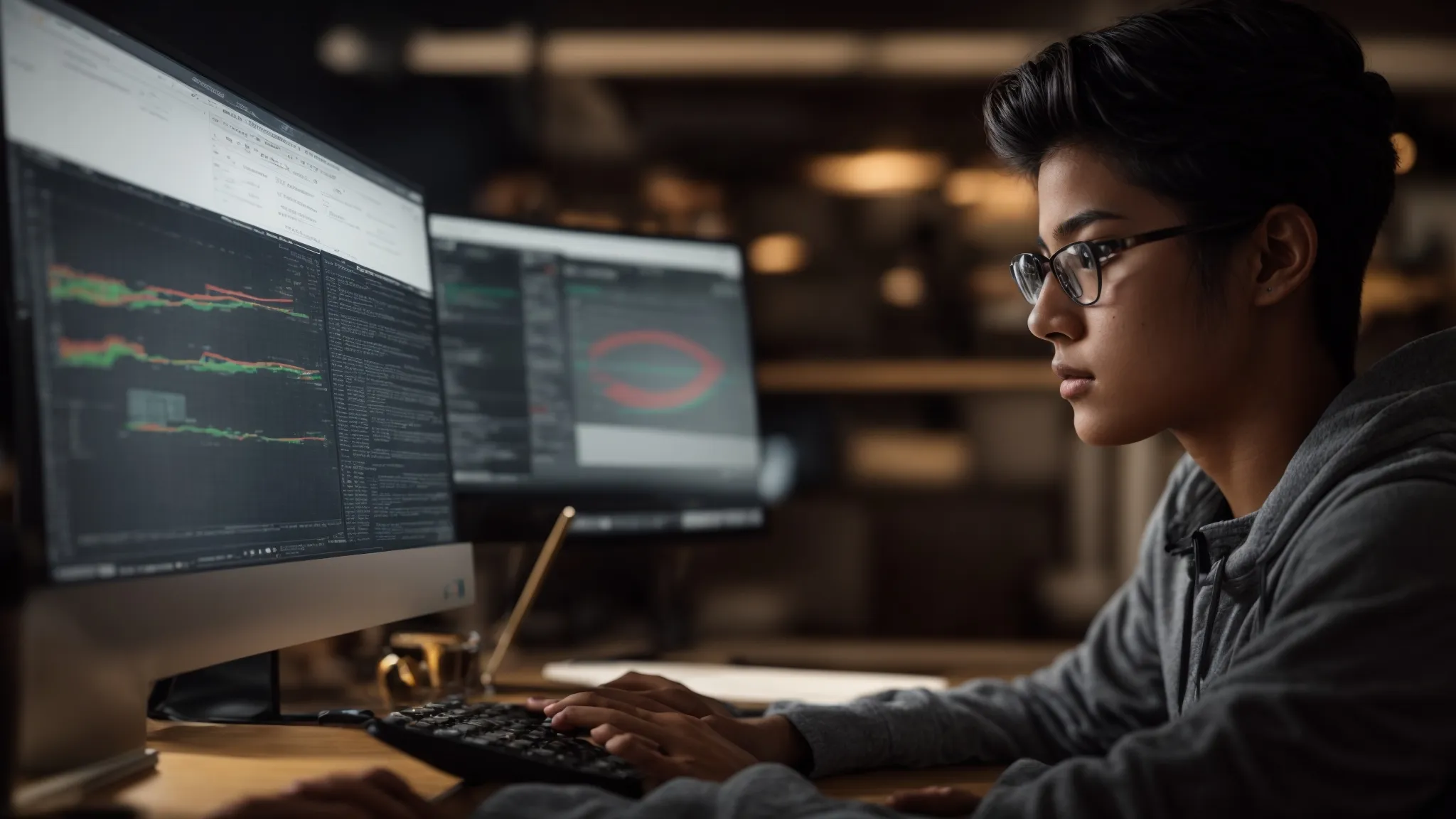 a student intently studying a comprehensive infographic on a computer screen, illustrating various google search operator commands.