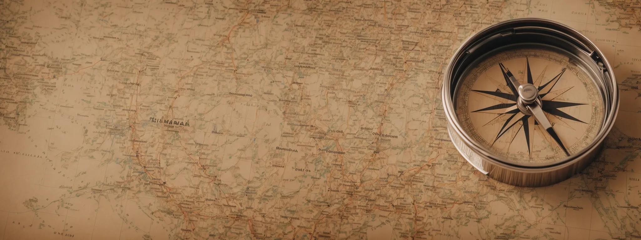 a compass on a map against a digital backdrop symbolizing strategic navigation through online marketing landscapes.
