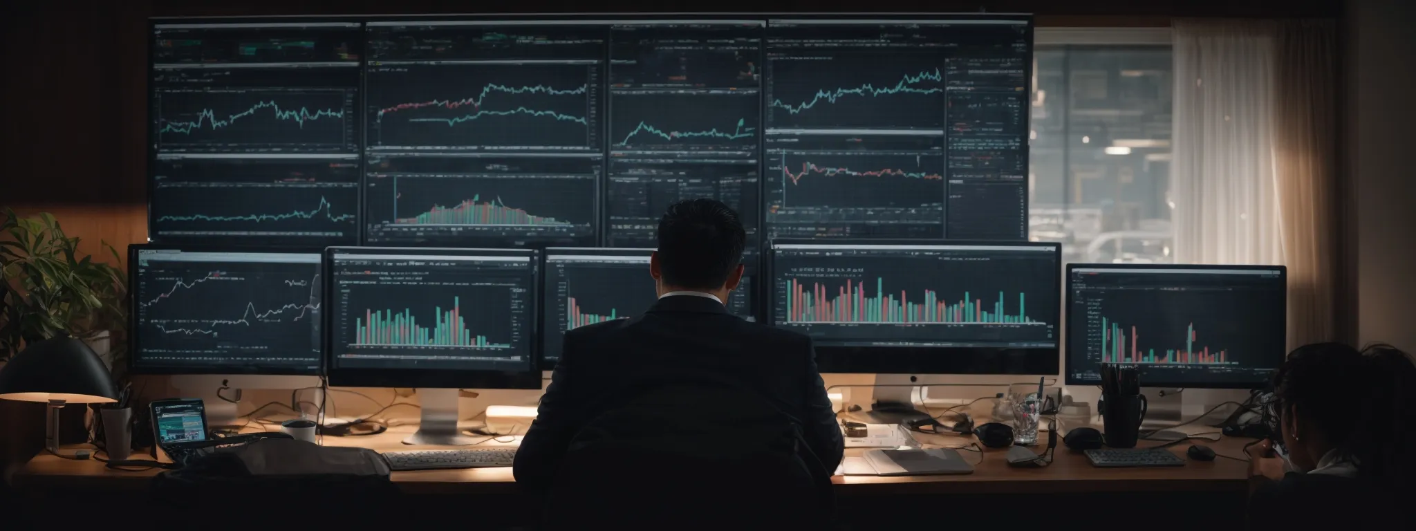 a marketer scrutinizes graphs and charts on a computer dashboard, analyzing website traffic sources.