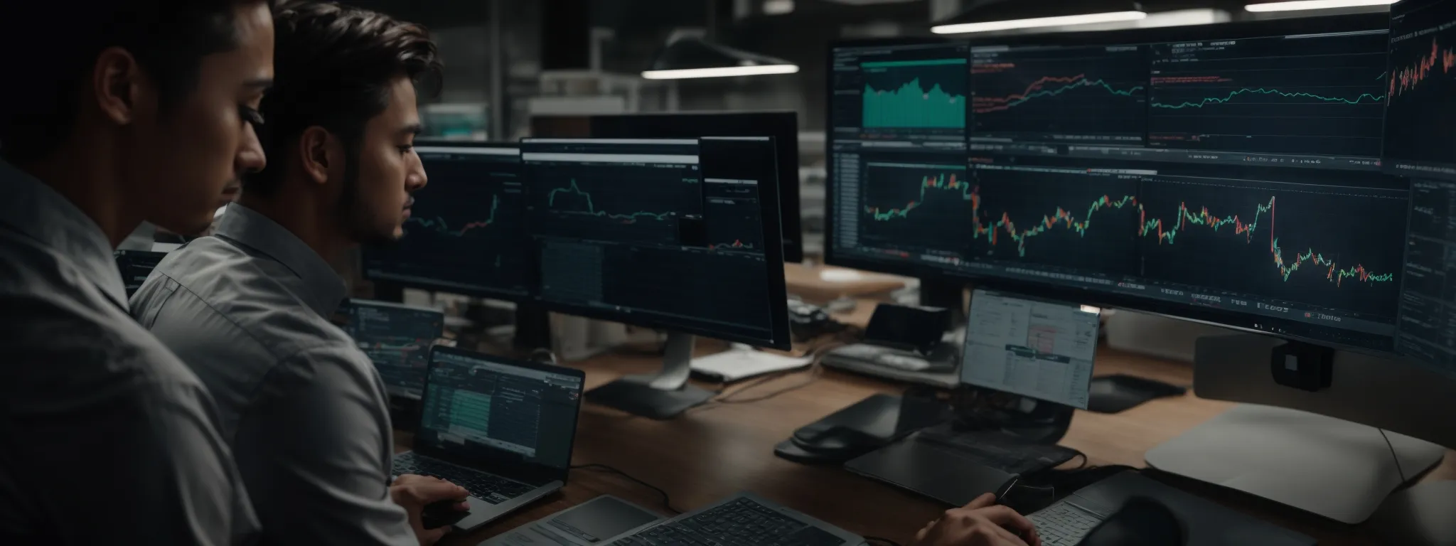 a marketing team analyzes charts on a computer screen, strategizing their seo goals.