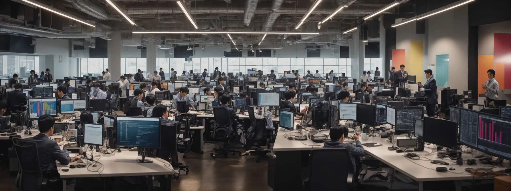 a bustling open-floor office with diverse team members engaging around a central hub filled with computer screens displaying colorful graphs and marketing dashboards.