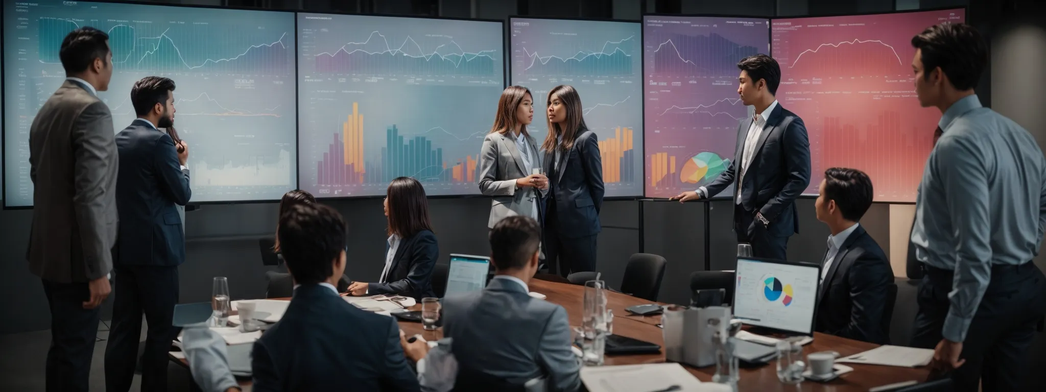 a group of professionals in front of a large screen displaying colorful graphs and charts during a strategy meeting.