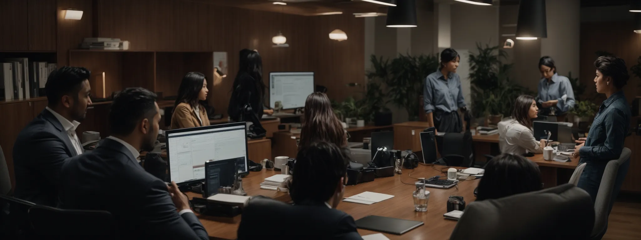 a team of professionals gathers around a communal desk, strategizing over a large digital marketing analytics dashboard.