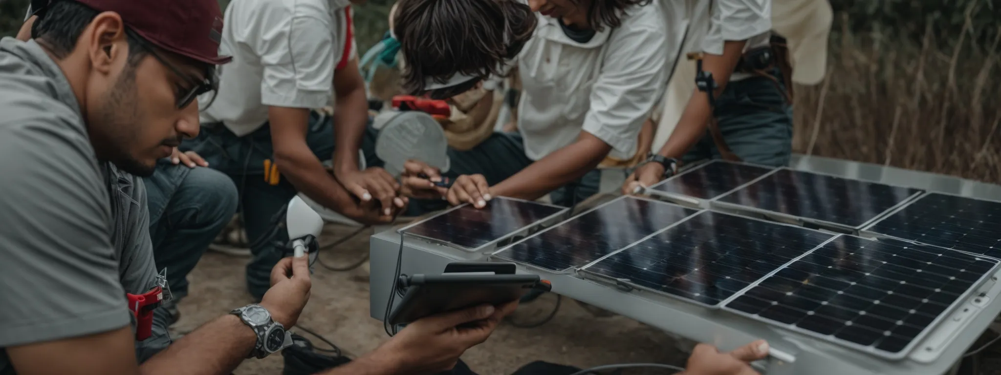 a solar panel installation team actively engages on a tablet, showcasing their project on social media.