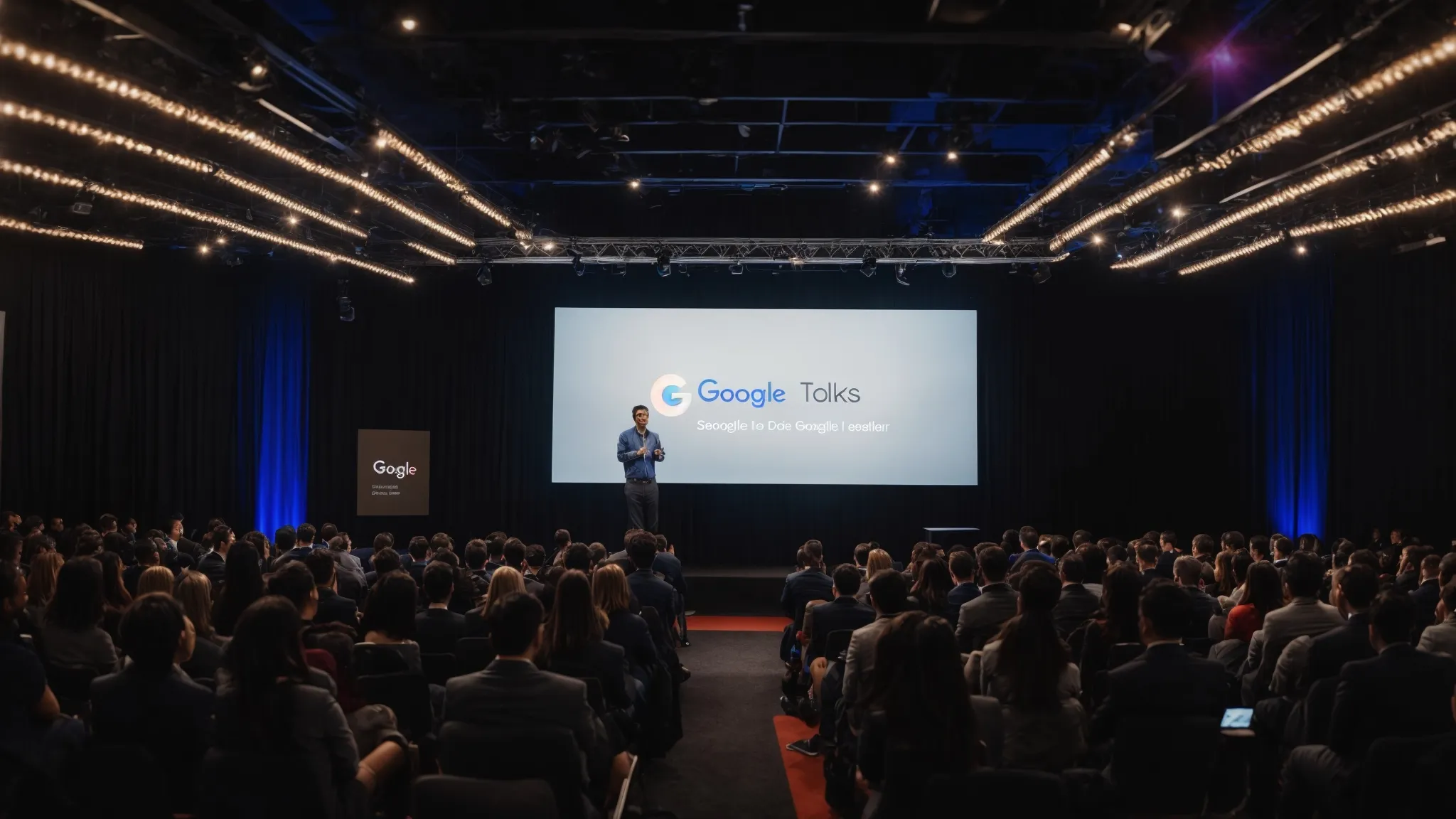 a professional speaker presents on a stage with a large screen displaying the title "google lightning talks: the state of seo" to an audience of attentive digital marketers.