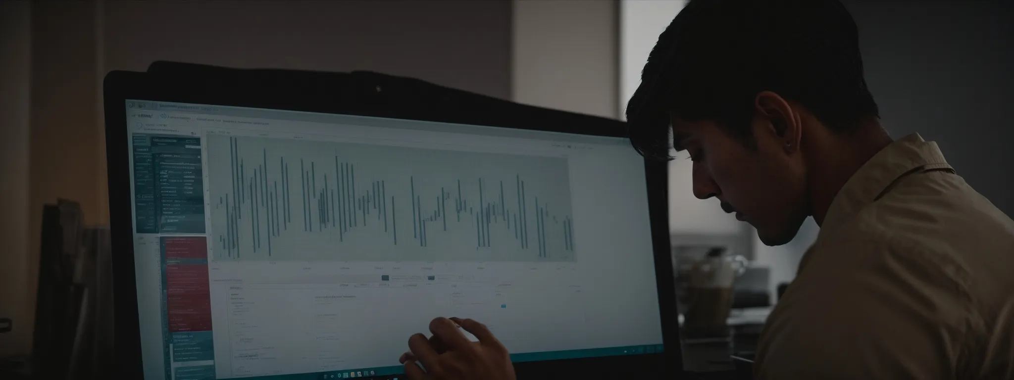 a stressed website owner scrutinizes a computer screen, showing an alert for a fake takedown notice amidst a backdrop of seo graphs and reports.