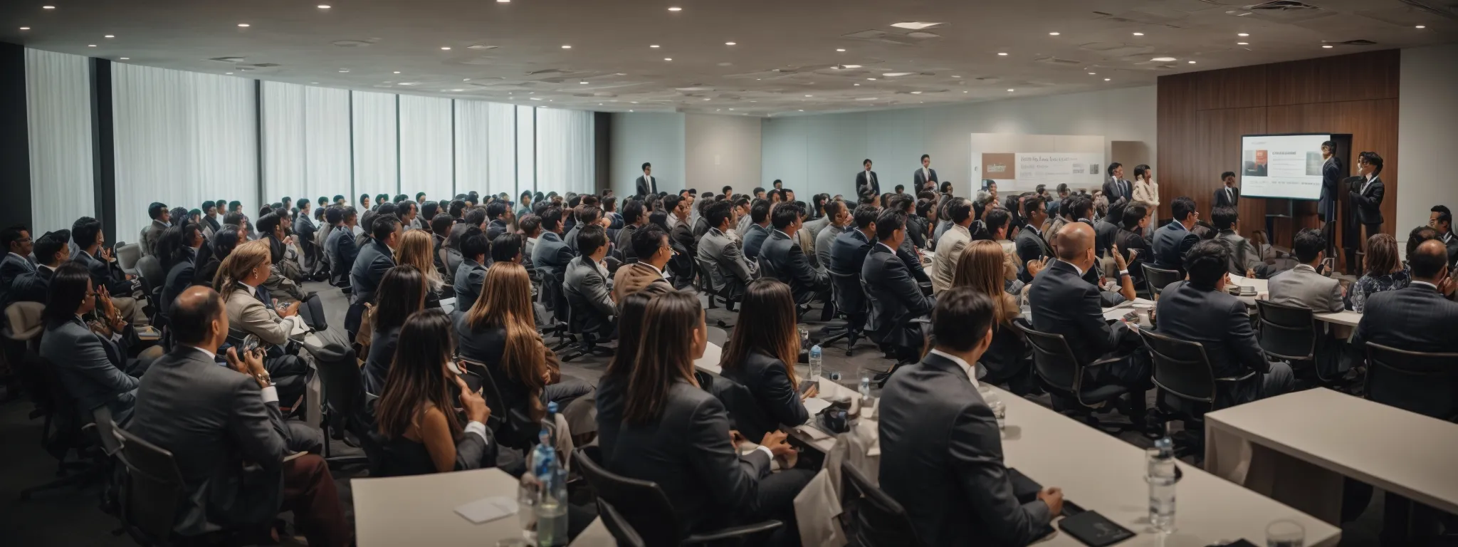 a bustling conference room with industry professionals engaging in a panel discussion on the future of digital marketing.