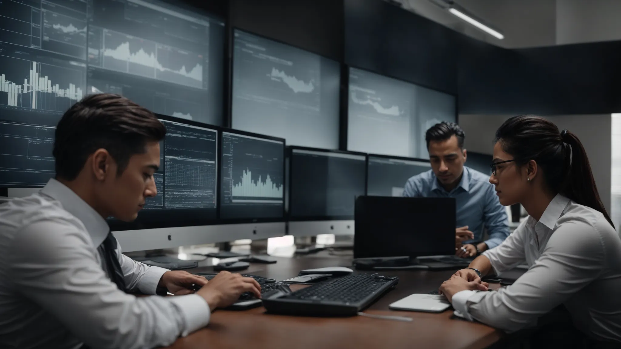 a professional team analyzes performance metrics on computer screens in a modern office environment.