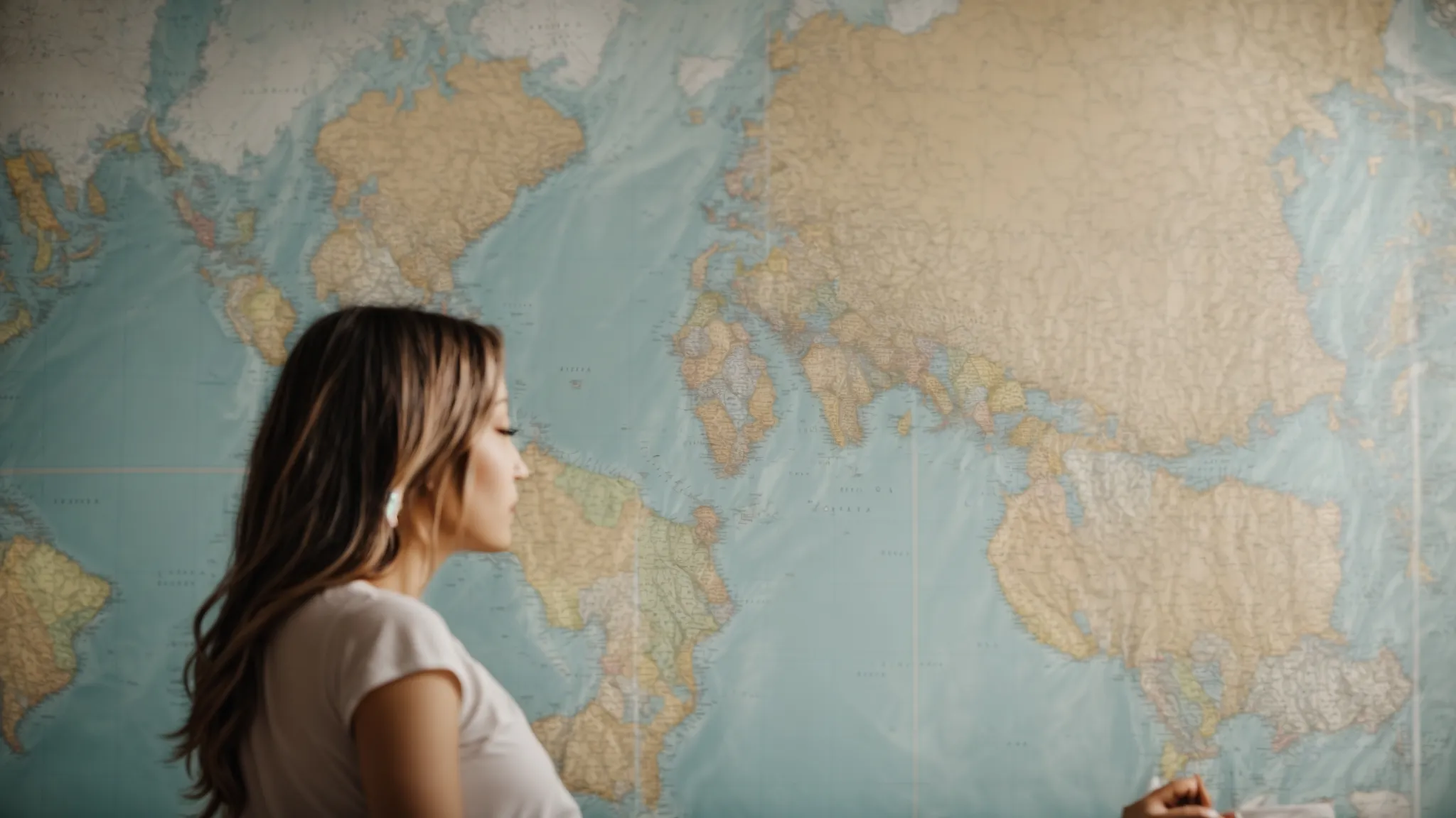 a business owner examines a world map and a city map pinned to a wall, contemplating her dual marketing strategy.